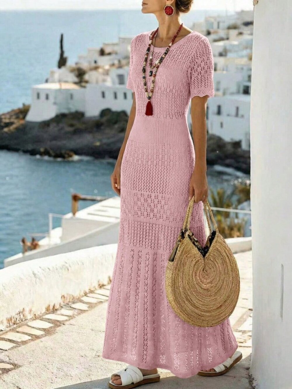Coral Pink Cute Women's Fitted Waist Knitted Sweater Dress